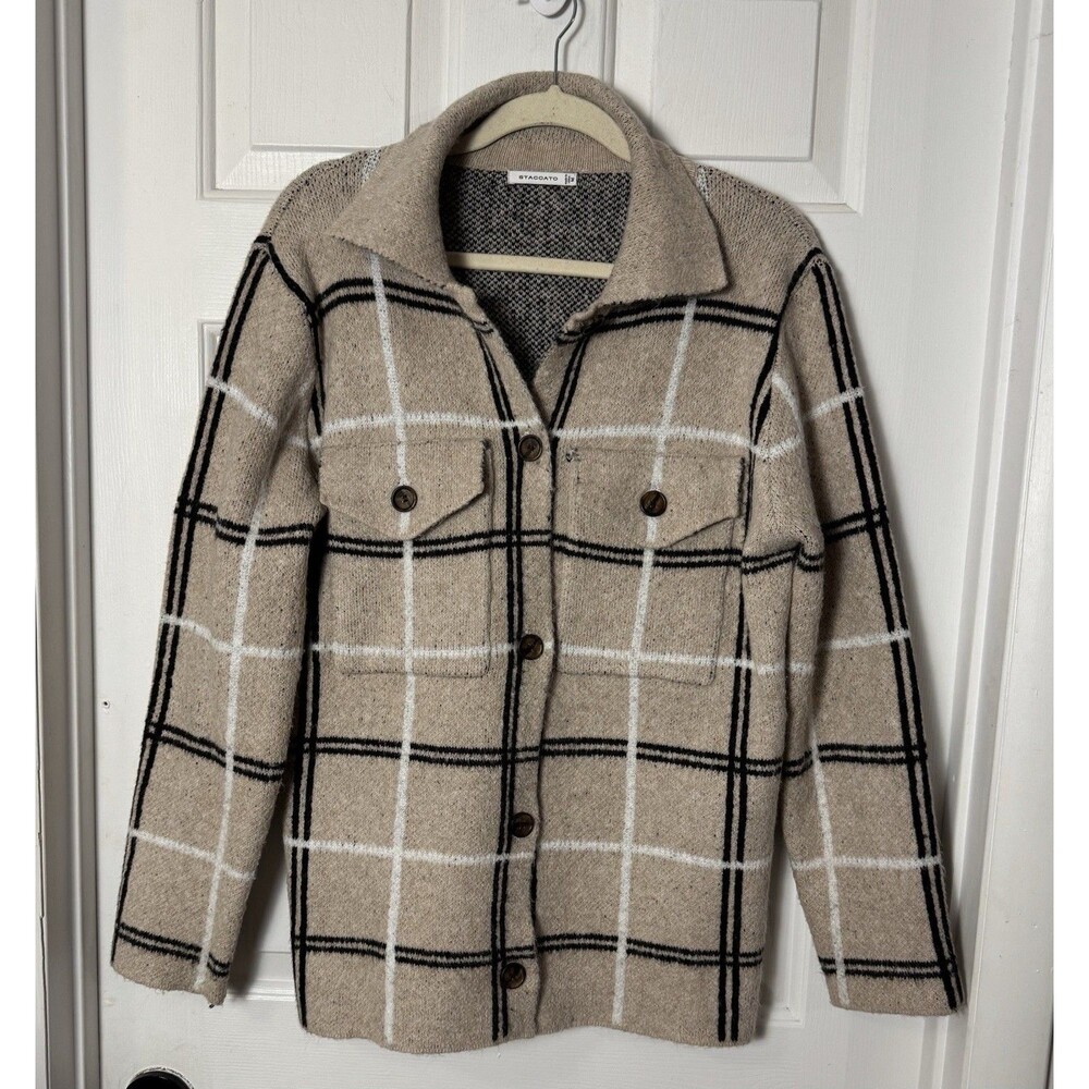 Staccato Womens Button Down Cardigan Sweater with Pockets Plaid Beige Size M